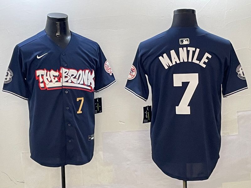 Men New York Yankees 7 Mantle Drak Blue four generations Joint Name 2025 Nike MLB Jersey style 3